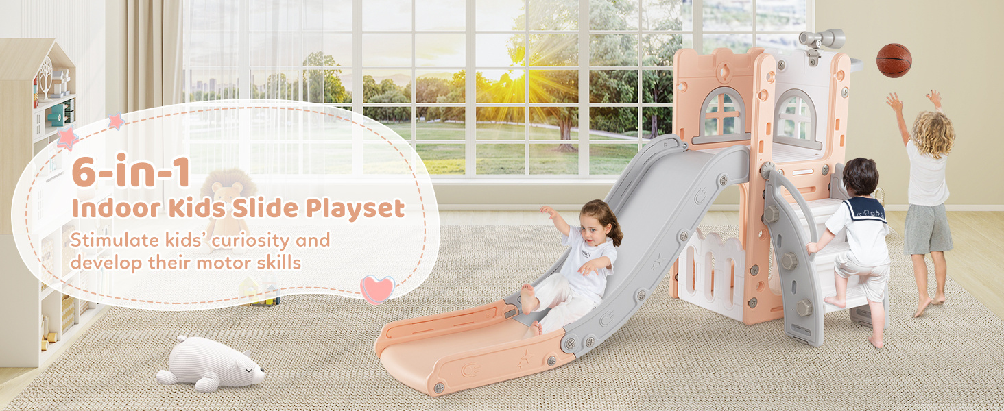 6-in-1 Toddler Slide L-shaped Playground with Basketball Hoop and Ladder