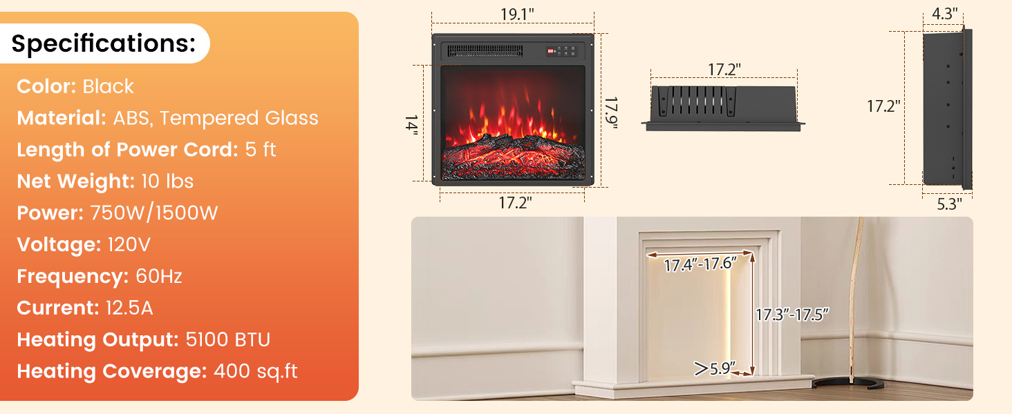 18 Inch Electric Fireplace Insert with Remote Control and 7 Realistic Flame Colors