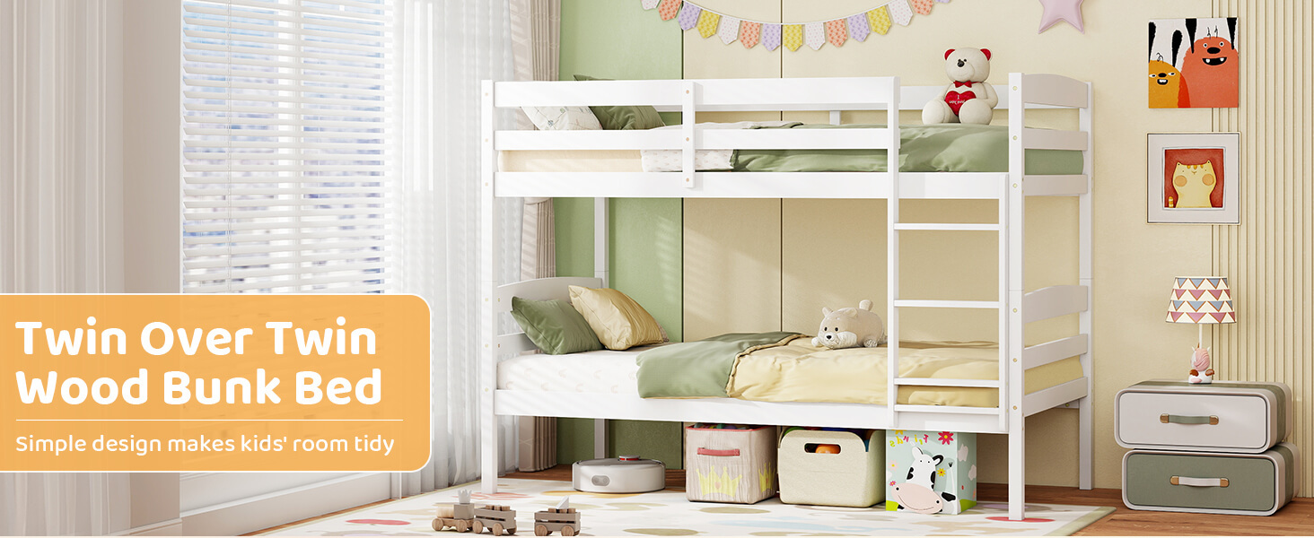 Solid Wood Twin Over Twin Bunk Bed Frame with High Guardrails and Integrated Ladder