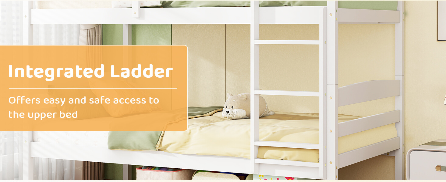 Solid Wood Twin Over Twin Bunk Bed Frame with High Guardrails and Integrated Ladder