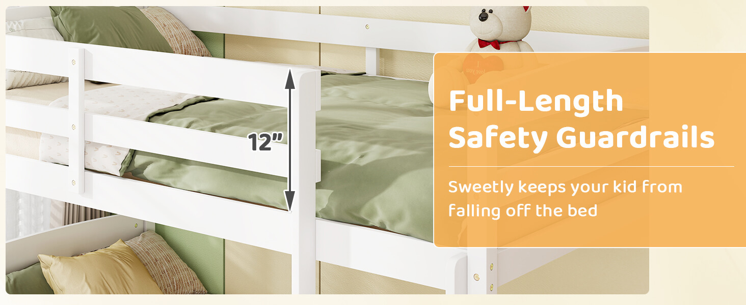 Solid Wood Twin Over Twin Bunk Bed Frame with High Guardrails and Integrated Ladder