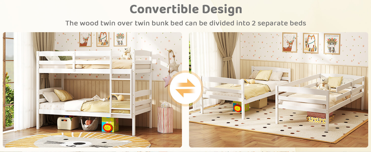 Solid Wood Twin Over Twin Bunk Bed Frame with High Guardrails and Integrated Ladder