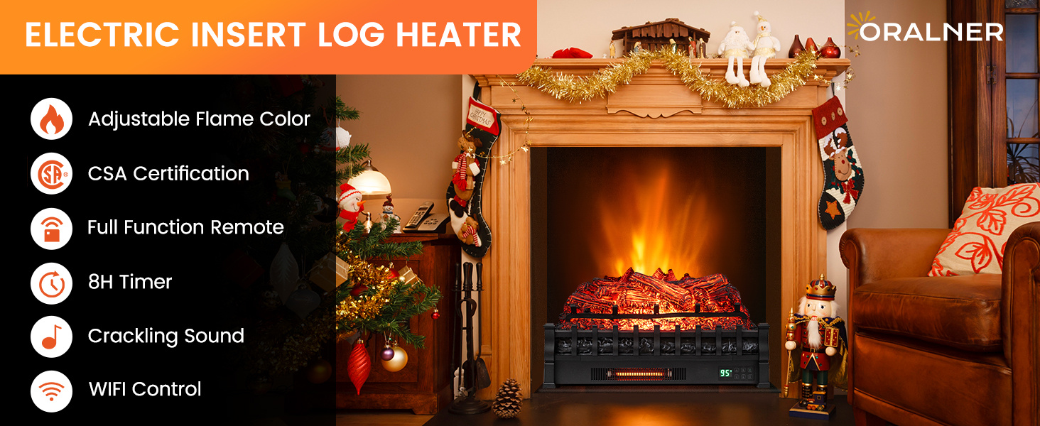 26 Inch WiFi Infrared Quartz Electric Fireplace Insert Logs Heater with Realistic Lemonwood Logs
