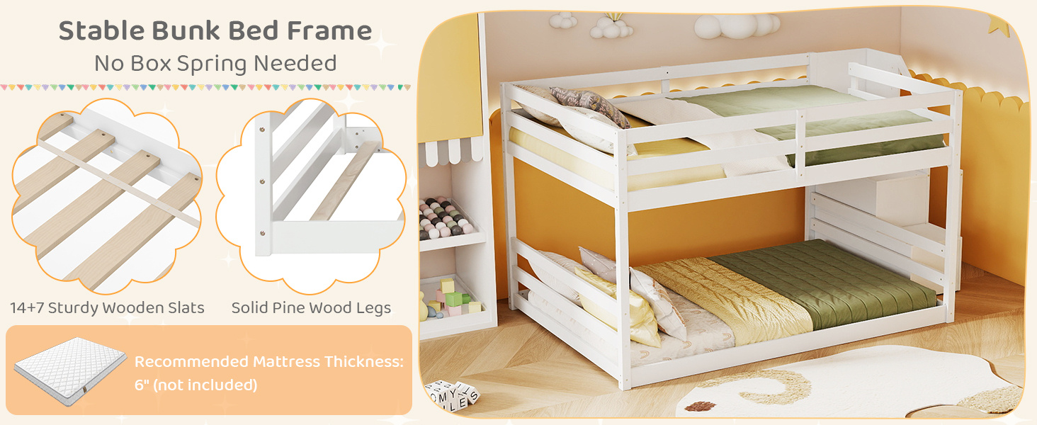 Solid Wood Full Over Full Low Bunk Bed with Storage Stairs