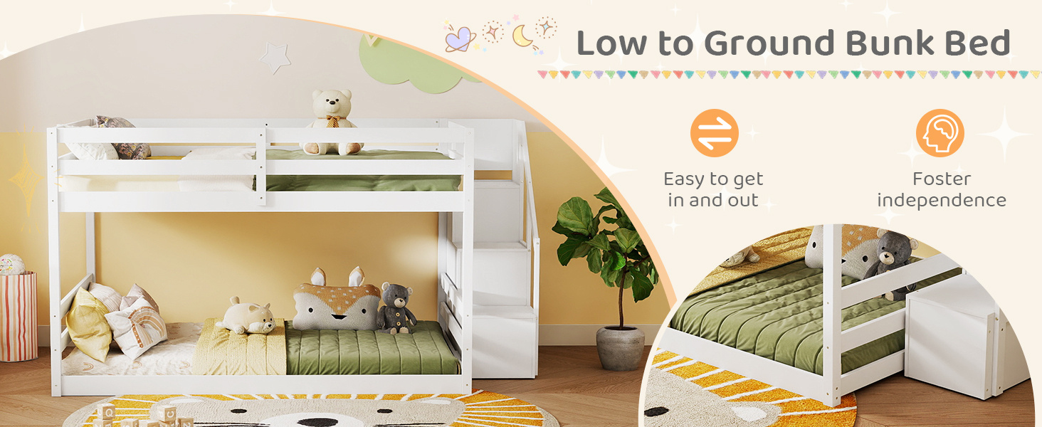 Solid Wood Full Over Full Low Bunk Bed with Storage Stairs