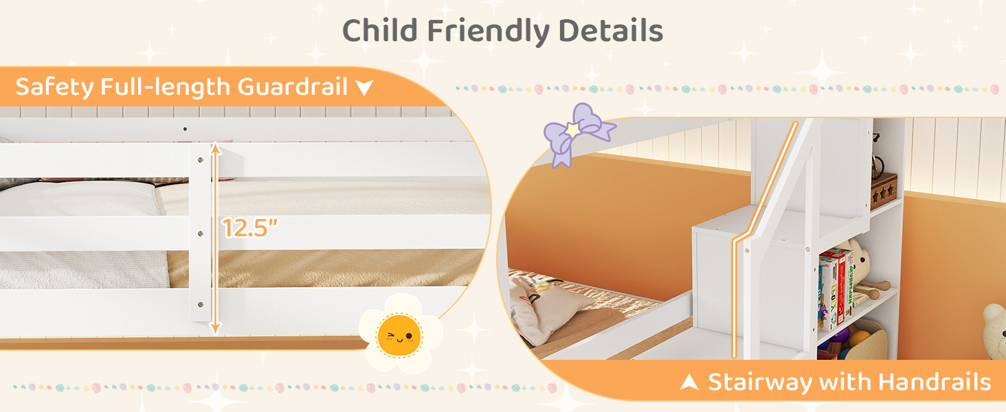 Solid Wood Full Over Full Low Bunk Bed with Storage Stairs