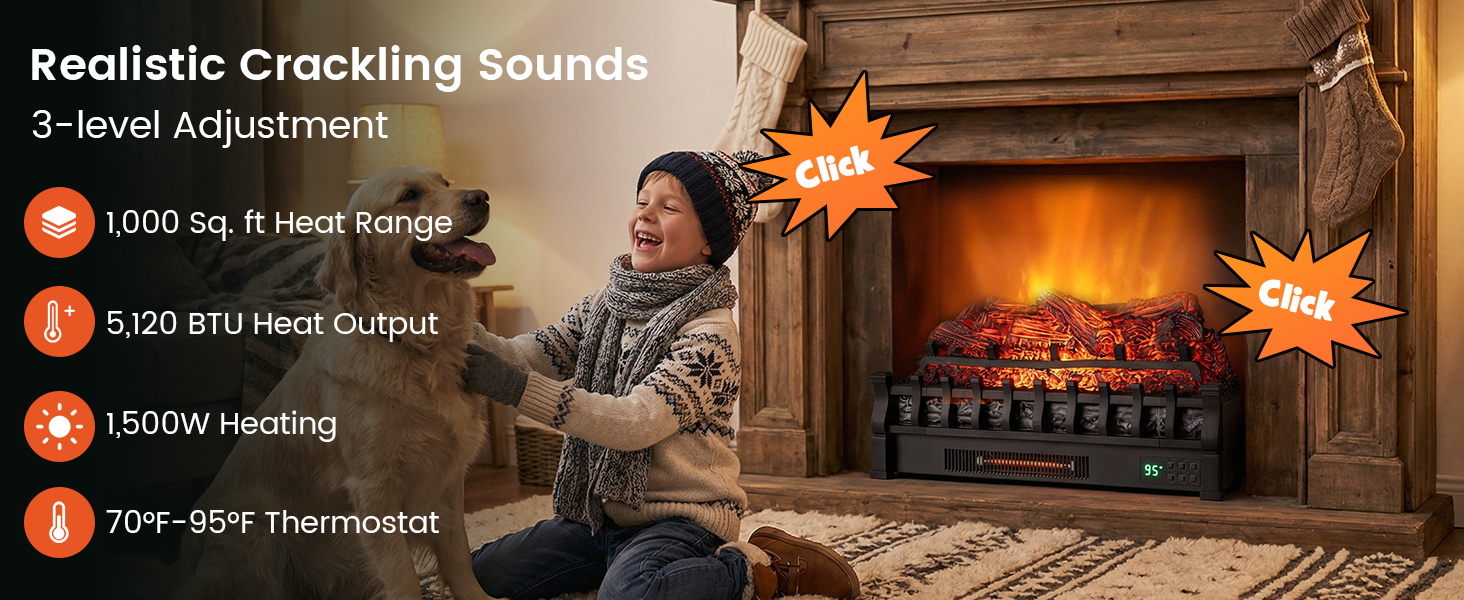 26 Inch WiFi Infrared Quartz Electric Fireplace Insert Logs Heater with Realistic Lemonwood Logs