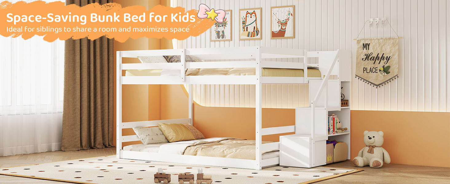 Solid Wood Full Over Full Low Bunk Bed with Storage Stairs