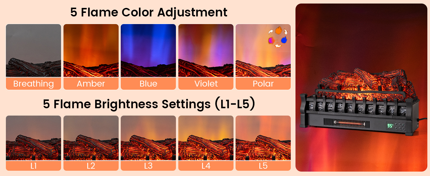 26 Inch WiFi Infrared Quartz Electric Fireplace Insert Logs Heater with Realistic Lemonwood Logs