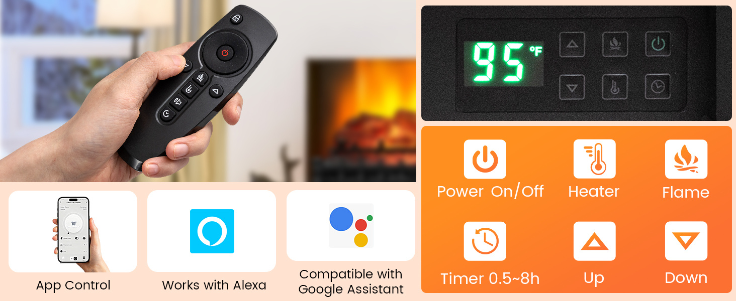 26 Inch WiFi Infrared Quartz Electric Fireplace Insert Logs Heater with Realistic Lemonwood Logs