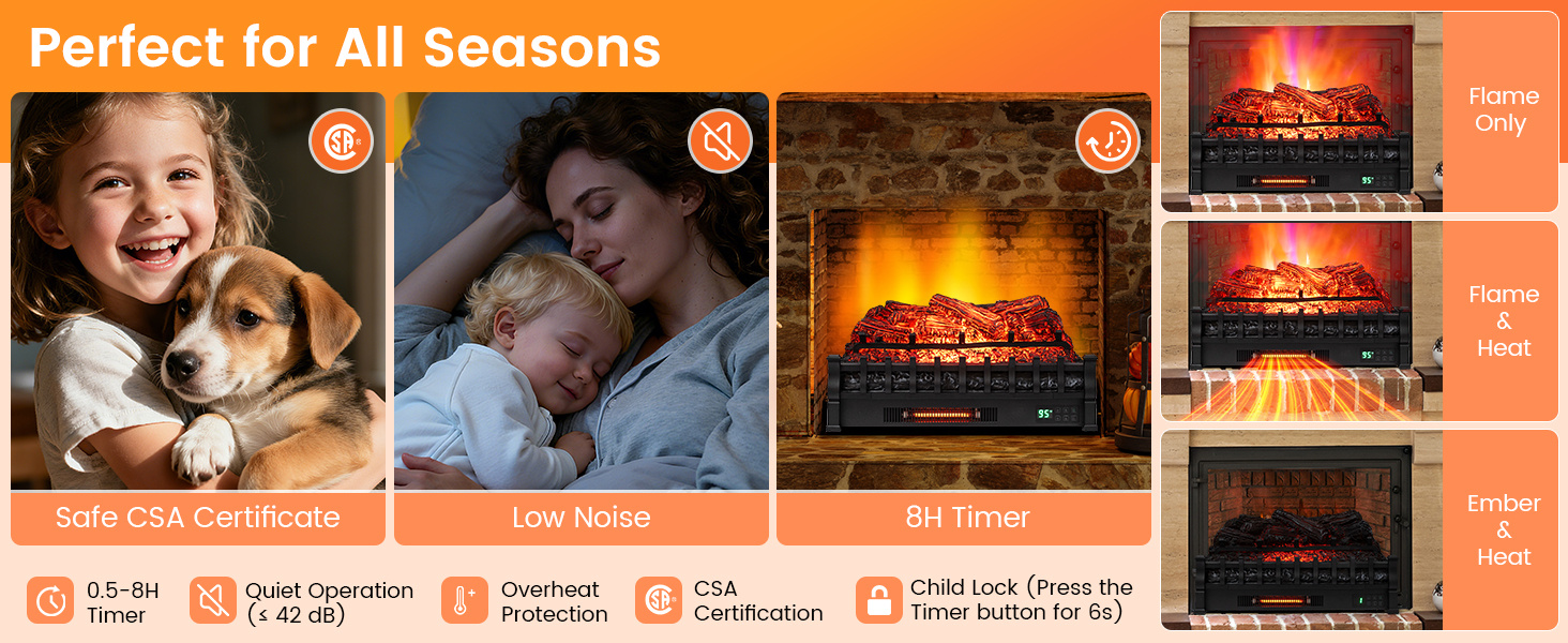 26 Inch WiFi Infrared Quartz Electric Fireplace Insert Logs Heater with Realistic Lemonwood Logs