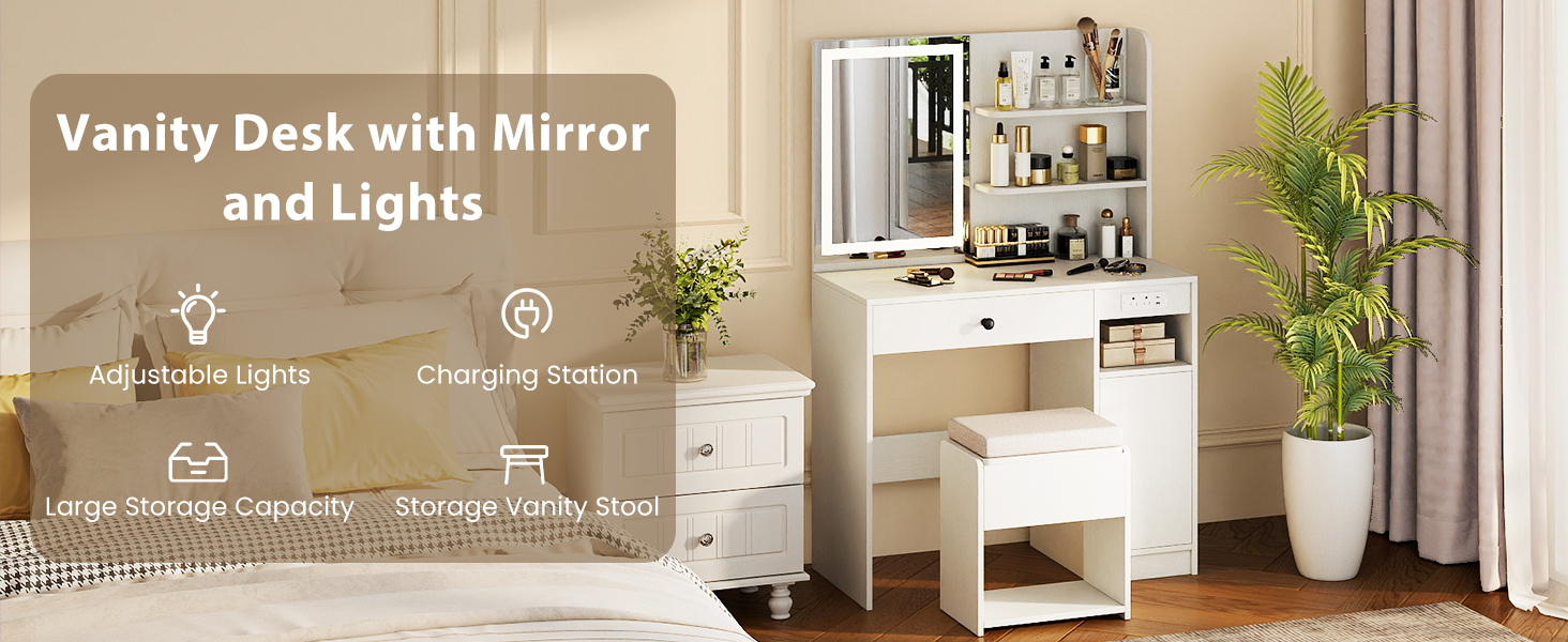 Vanity Desk with Mirror and Lights
