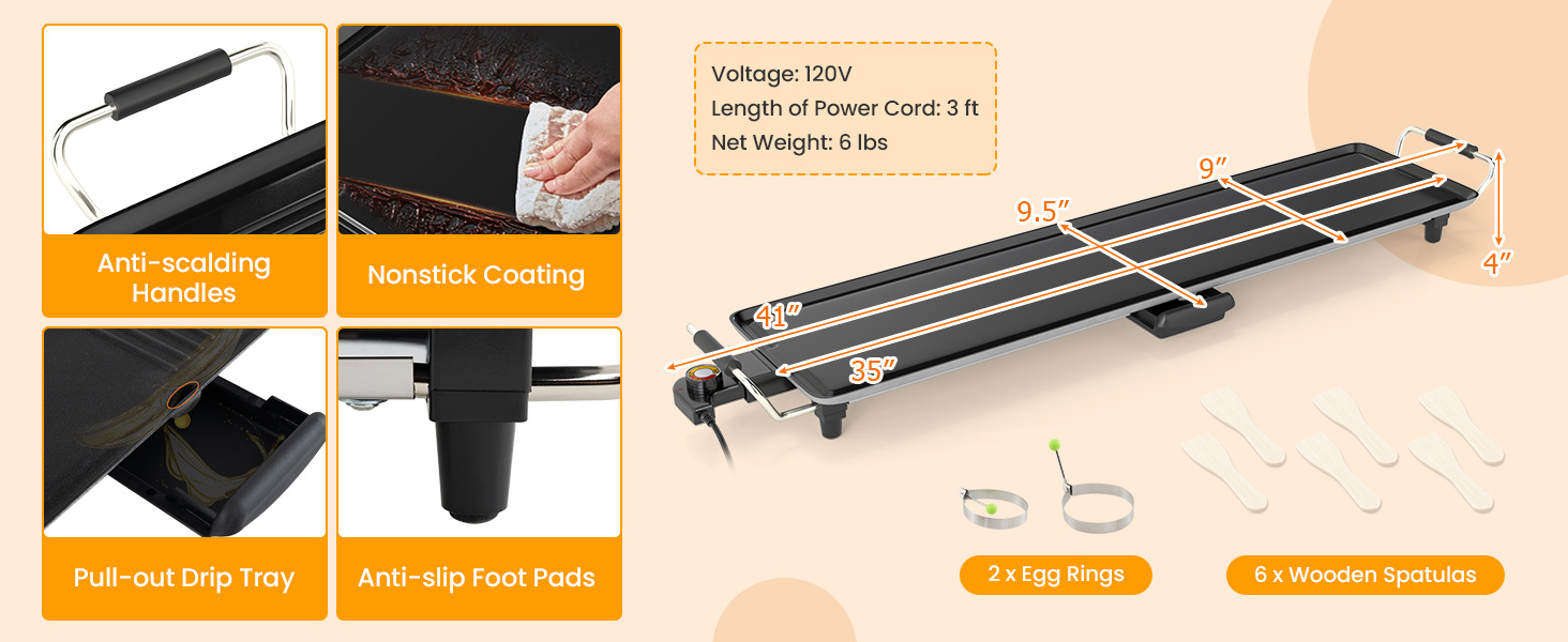 35 Inch Extra Large Electric Griddle with Adjustable Temperature Thermostats and Drip Tray