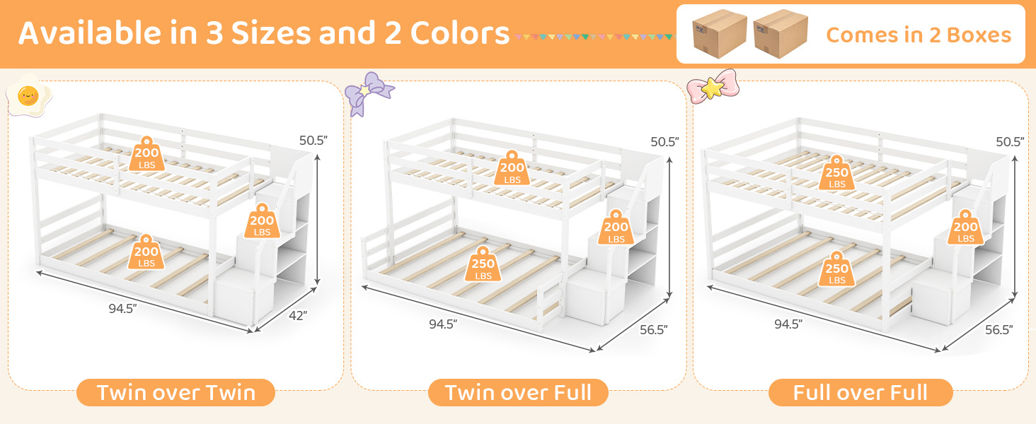 Solid Wood Full Over Full Low Bunk Bed with Storage Stairs