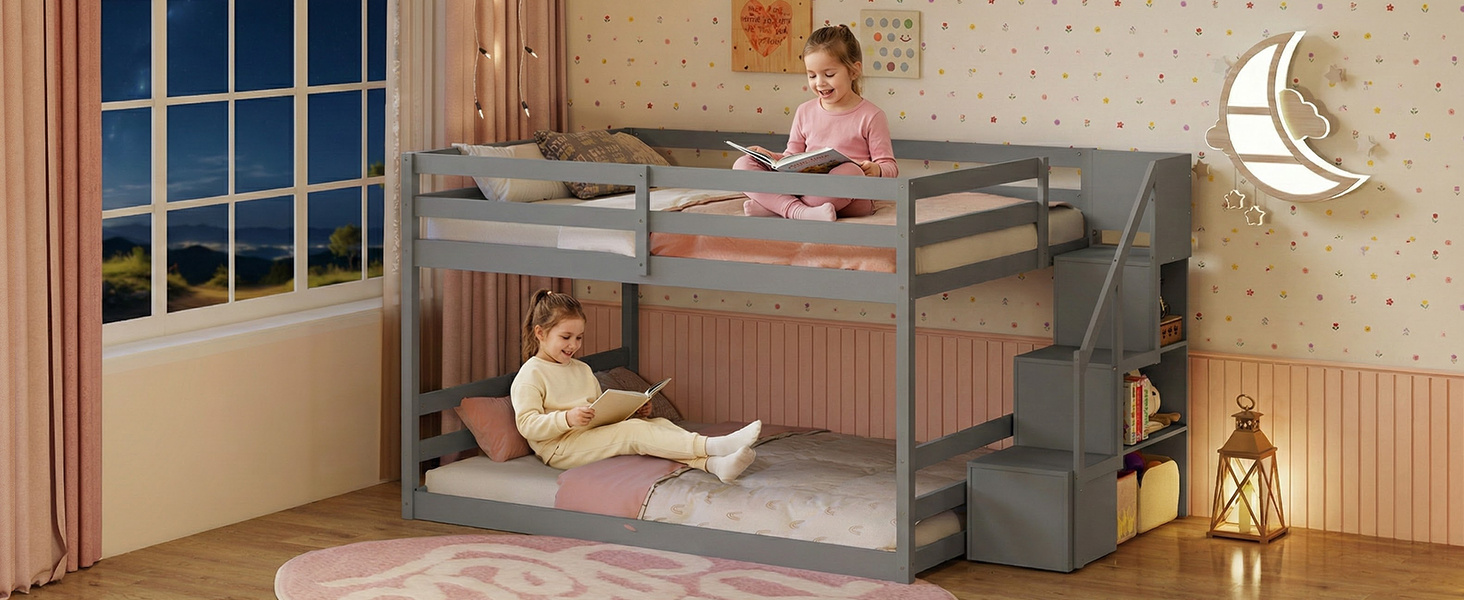 Solid Wood Full Over Full Low Bunk Bed with Storage Stairs