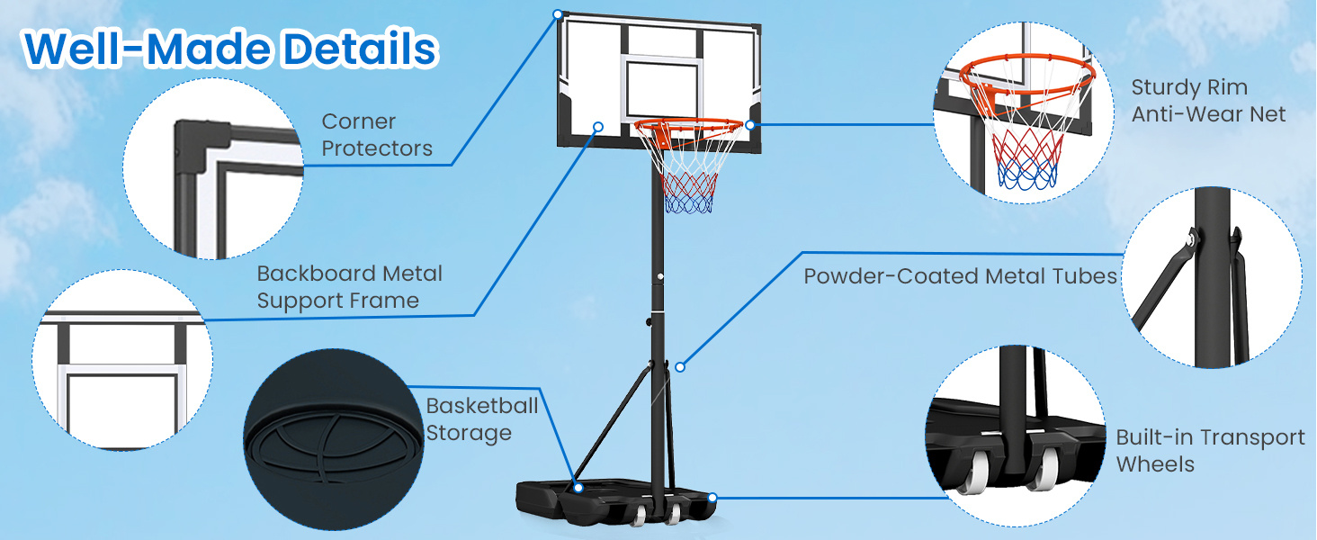 3.3-10 Feet Portable Basketball Hoop Adjustable with Base and Wheels
