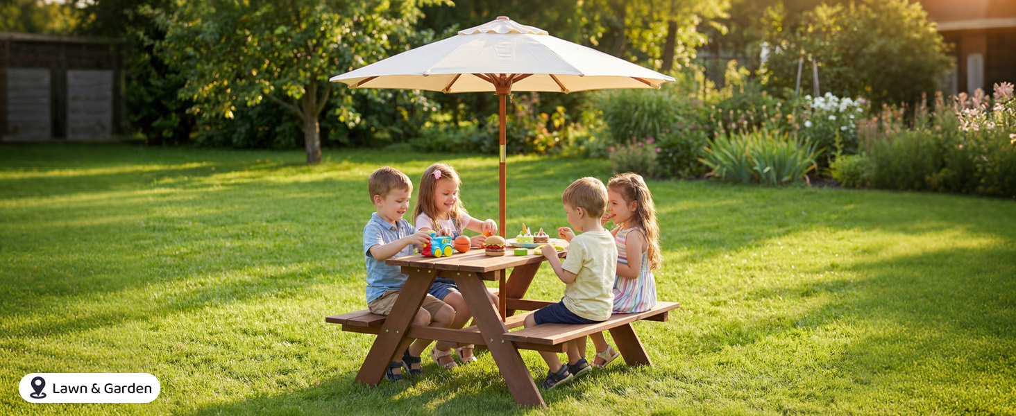 Outdoor 4-Seat Kids Picnic Table Bench Set with Removable Umbrella