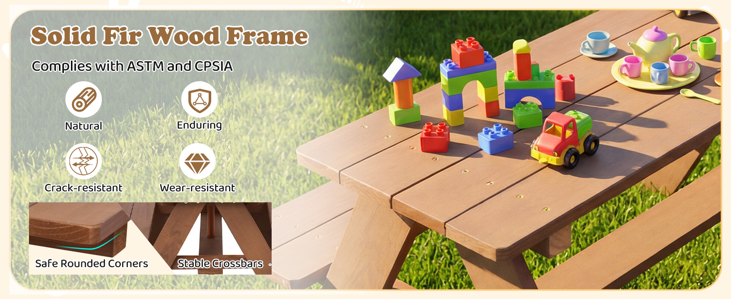 Outdoor 4-Seat Kids Picnic Table Bench Set with Removable Umbrella