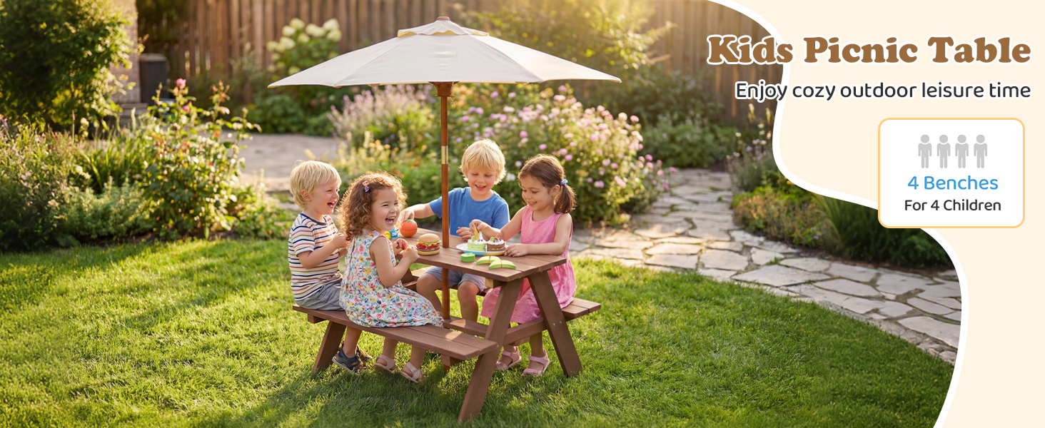 Outdoor 4-Seat Kids Picnic Table Bench Set with Removable Umbrella