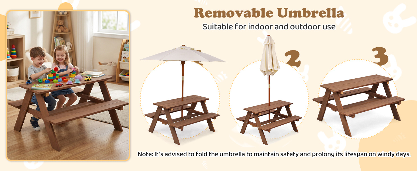 Outdoor 4-Seat Kids Picnic Table Bench Set with Removable Umbrella