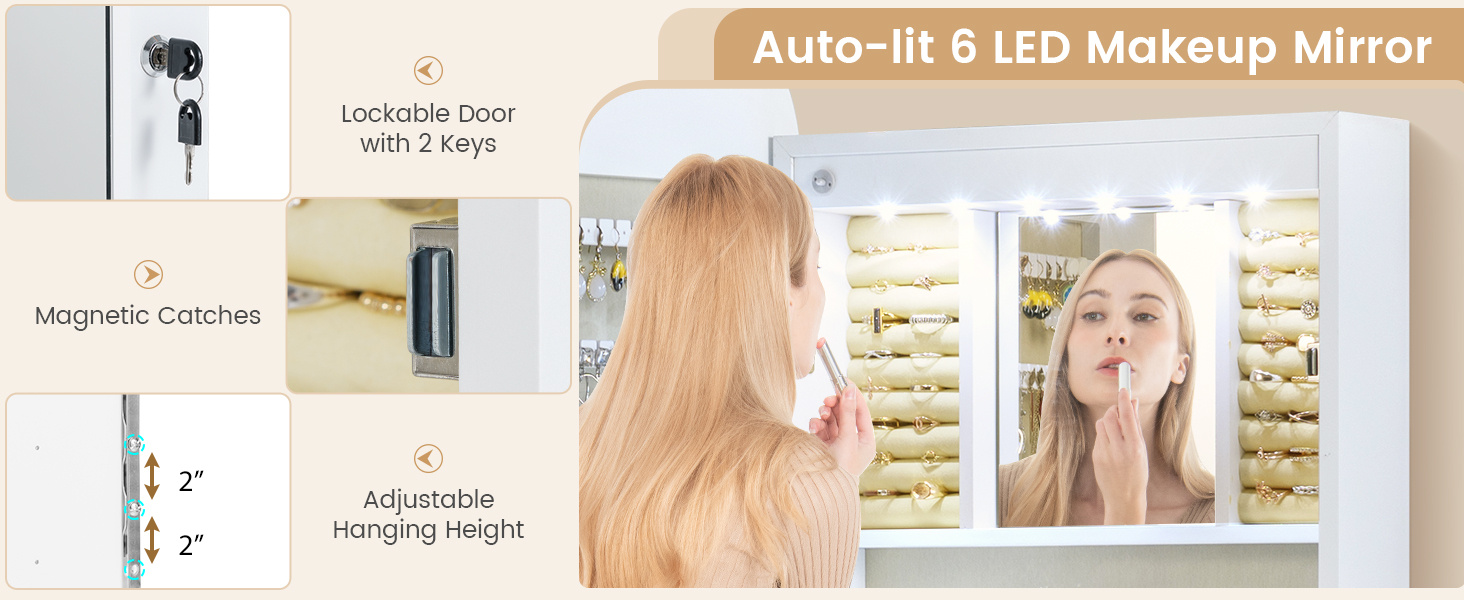 6 LEDs Mirror Jewelry Cabinet Wall or Door Mounted Lockable Jewelry Organizer