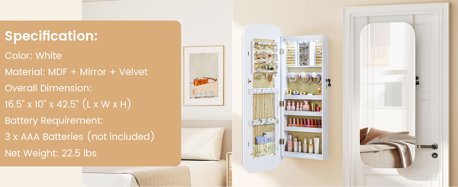 6 LEDs Mirror Jewelry Cabinet Wall or Door Mounted Lockable Jewelry Organizer