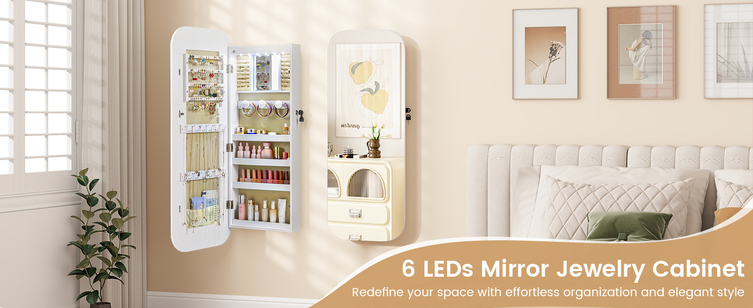 6 LEDs Mirror Jewelry Cabinet Wall or Door Mounted Lockable Jewelry Organizer