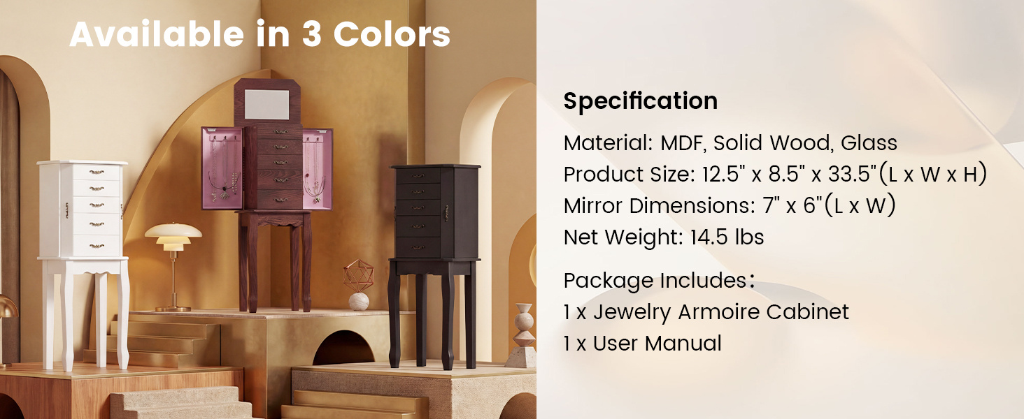 Standing Jewelry Box with 4 Drawers and 2 Side Doors