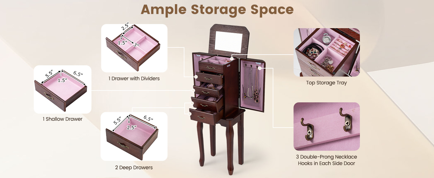 Standing Jewelry Box with 4 Drawers and 2 Side Doors