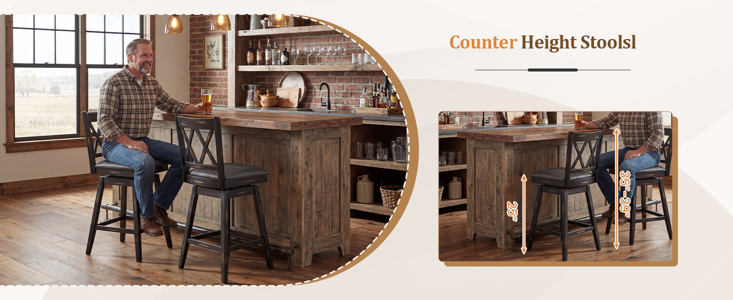 2 Pieces 25 Inch Swivel Counter Height Bar Stools Set with Rubber Wood Legs