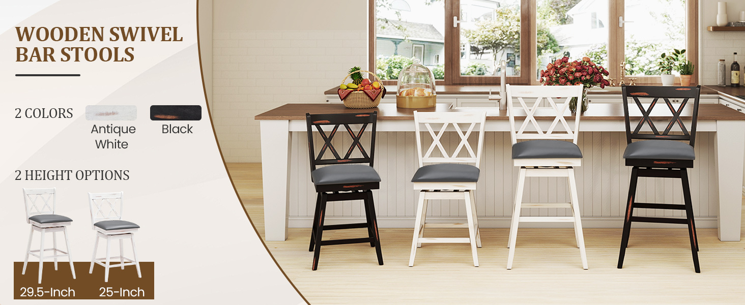 2 Pieces 25 Inch Swivel Counter Height Bar Stools Set with Rubber Wood Legs