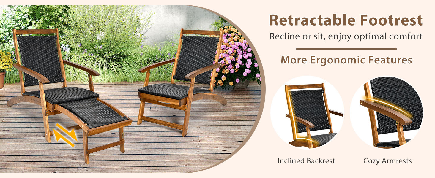 Patio Rattan Folding Lounge Chair with Acacia Wooden Frame Retractable Footrest