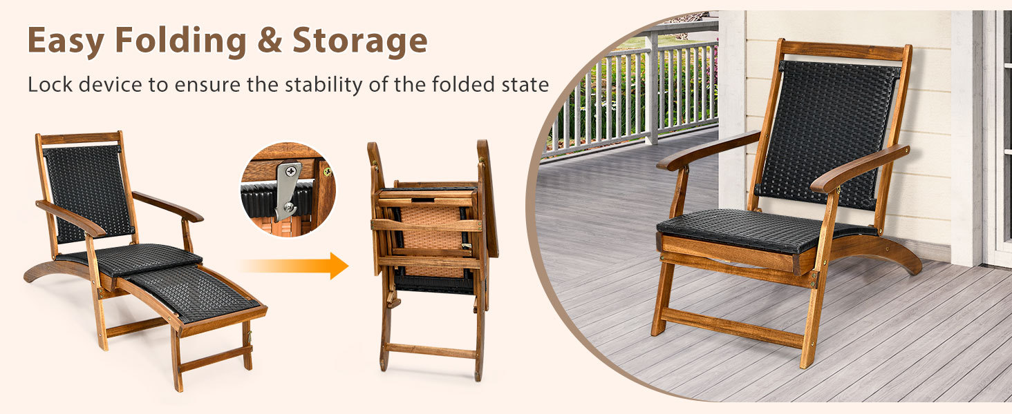 Patio Rattan Folding Lounge Chair with Acacia Wooden Frame Retractable Footrest