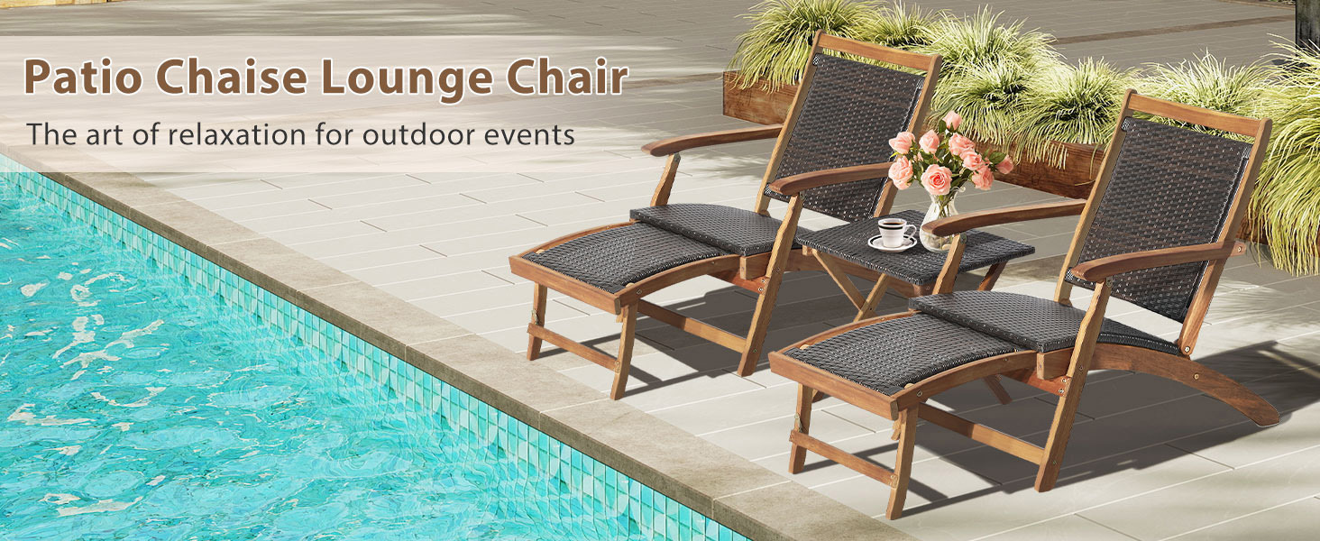 Patio Rattan Folding Lounge Chair with Acacia Wooden Frame Retractable Footrest