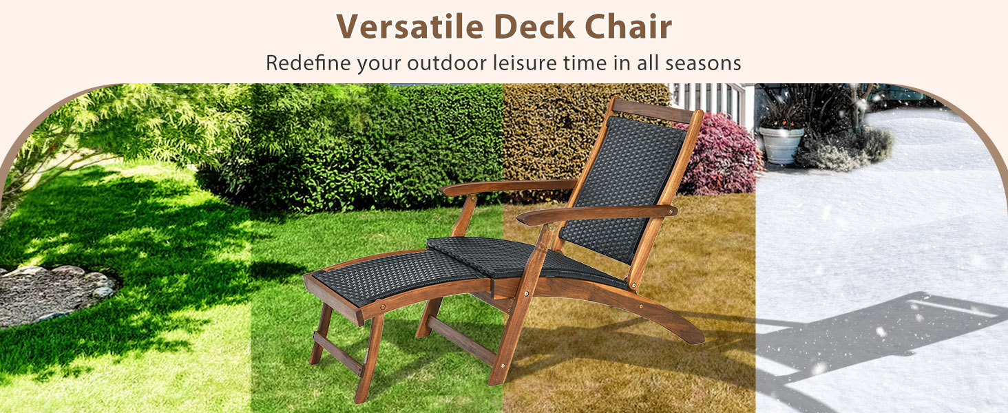 Patio Rattan Folding Lounge Chair with Acacia Wooden Frame Retractable Footrest