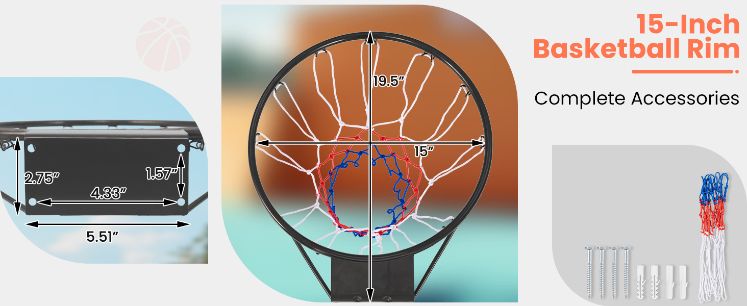 15 Inch Basketball Rim Goal Replacement with All Weather Net and Mounting Hardware
