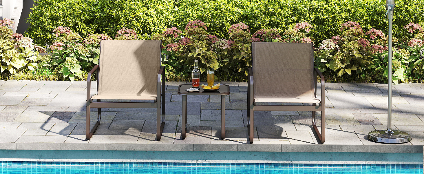 3 Pieces Patio Conversation Set with Breathable Fabric and Tempered Glass Tabletop