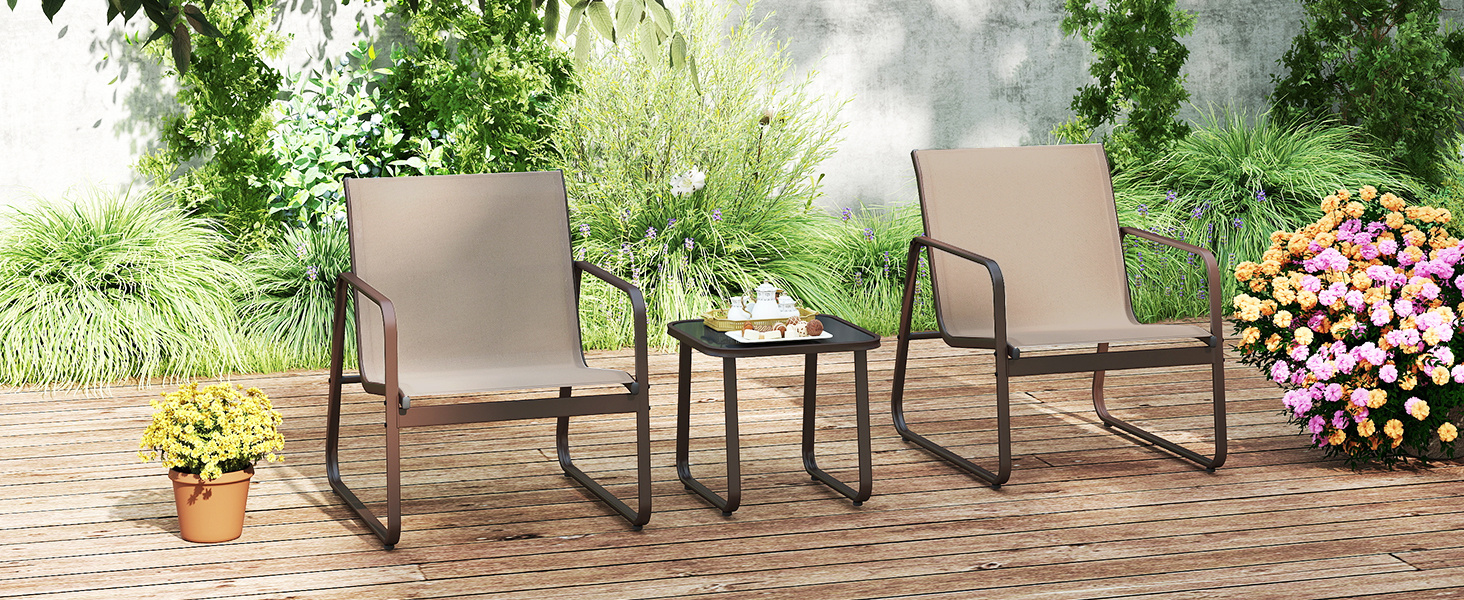 3 Pieces Patio Conversation Set with Breathable Fabric and Tempered Glass Tabletop
