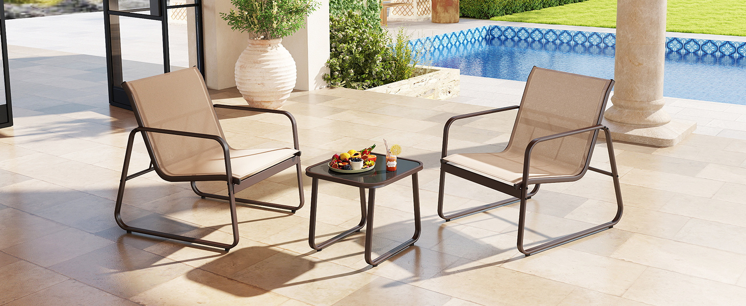 3 Pieces Patio Conversation Set with Breathable Fabric and Tempered Glass Tabletop