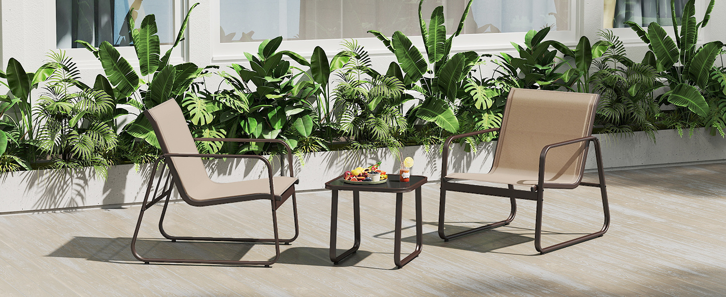 3 Pieces Patio Conversation Set with Breathable Fabric and Tempered Glass Tabletop