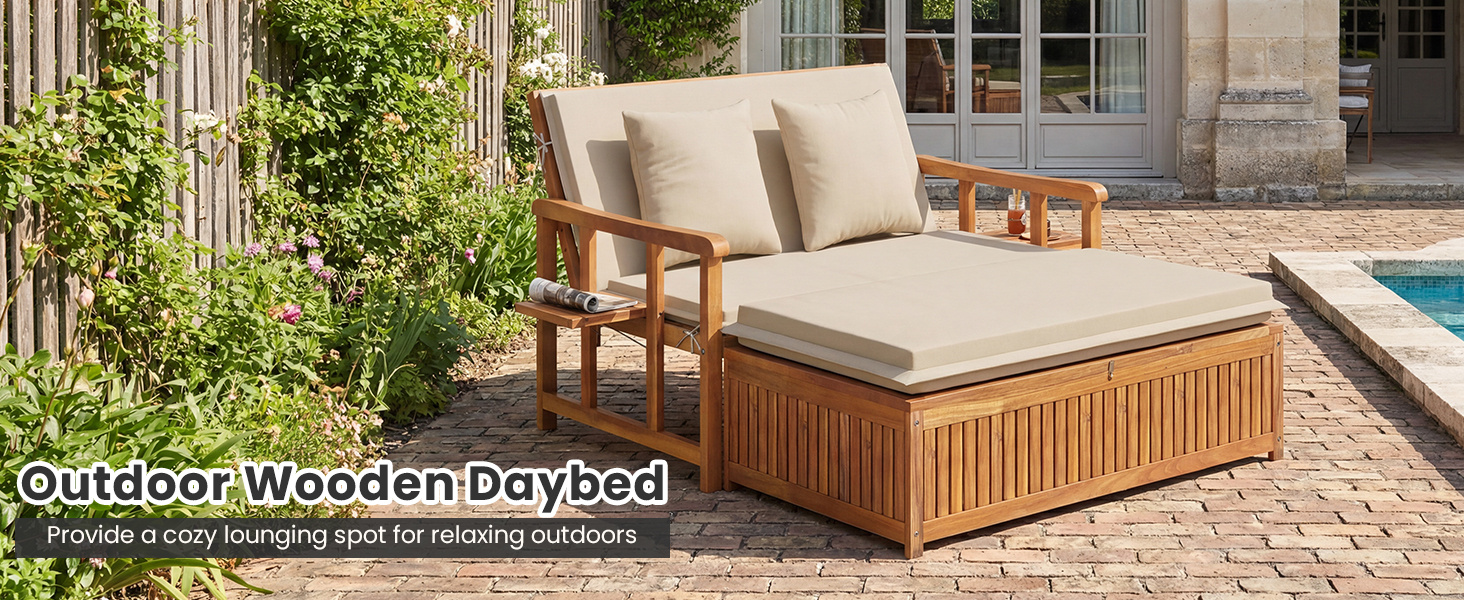 Outdoor Wooden Daybed with 4-Level Backrest and Removable Cushions