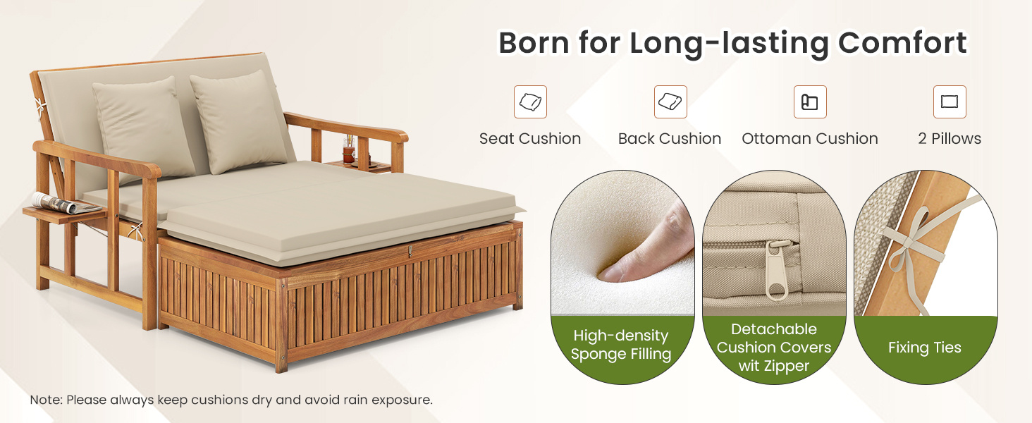 Outdoor Wooden Daybed with 4-Level Backrest and Removable Cushions