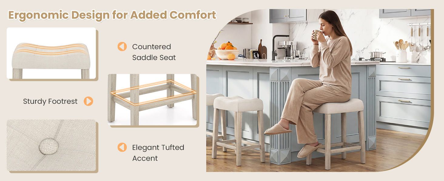 Set of 2 Upholstered Counter Height Bar Stool with Curved Saddle-Seat