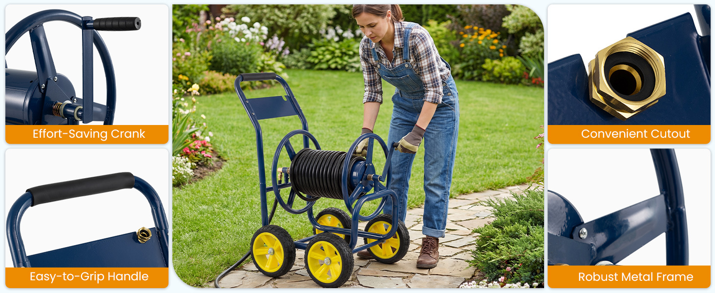 Heavy Duty Garden Water Hose Reel Cart with 4 Wheels and Non-slip Grip