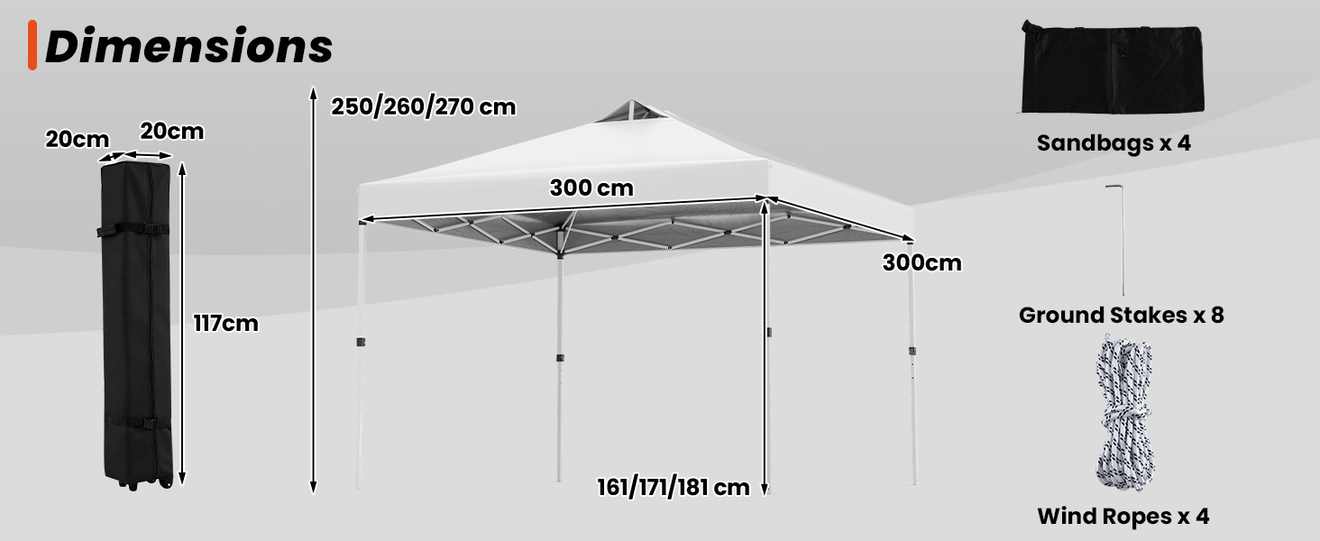 300 x 300 cm Pop up Canopy Tent 1 Person Easy Setup Gazebo Shelter with 1 Button Push