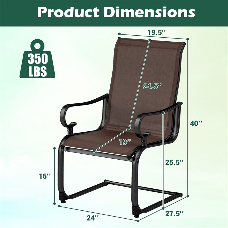 2 PCS Heavy Duty C-Spring Patio Dining Chairs High Back Outdoor Dining Chairs with All Weather Seat Fabric & Sled Base