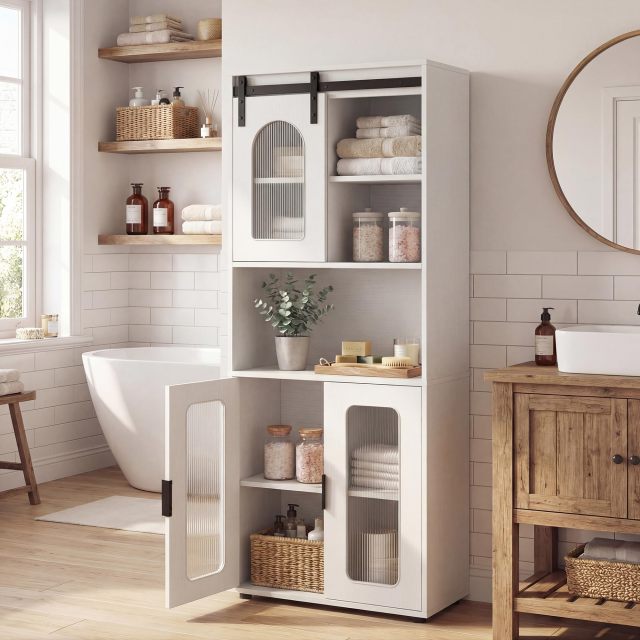 Farmhouse Bathroom Floor Cabinet with Sliding Barn Door