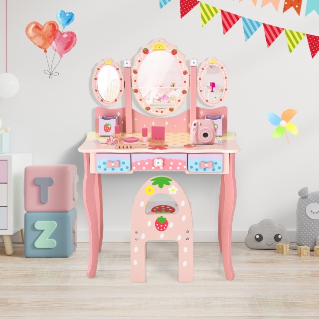 Kids Princess Vanity Table & Chair Set with 360° Rotating Mirror he