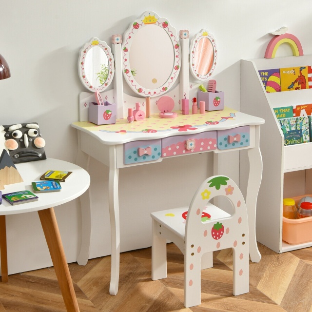 Kids Princess Vanity Table & Chair Set with 360° Rotating Mirror he