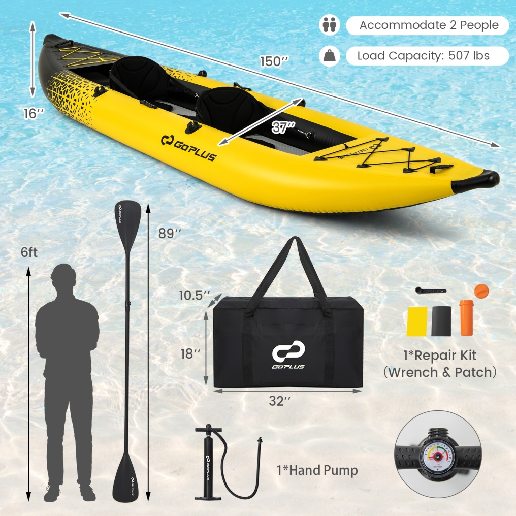 2-Person Inflatable Kayak with 2 Aluminium Paddles, EVA Padded Seats, 507LB Capacity, Carry Bag & Repair Kit, Portable Touring Kayak for Adults